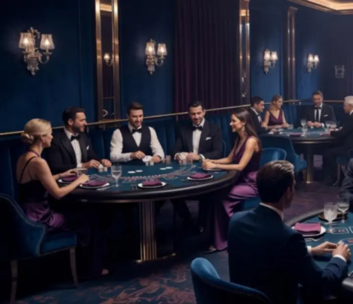 Restaurant interior styled as a casino lounge with dark emerald and plum tones