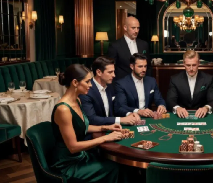 Guests enjoying blackjack at a cinematic restaurant table with decorative chips