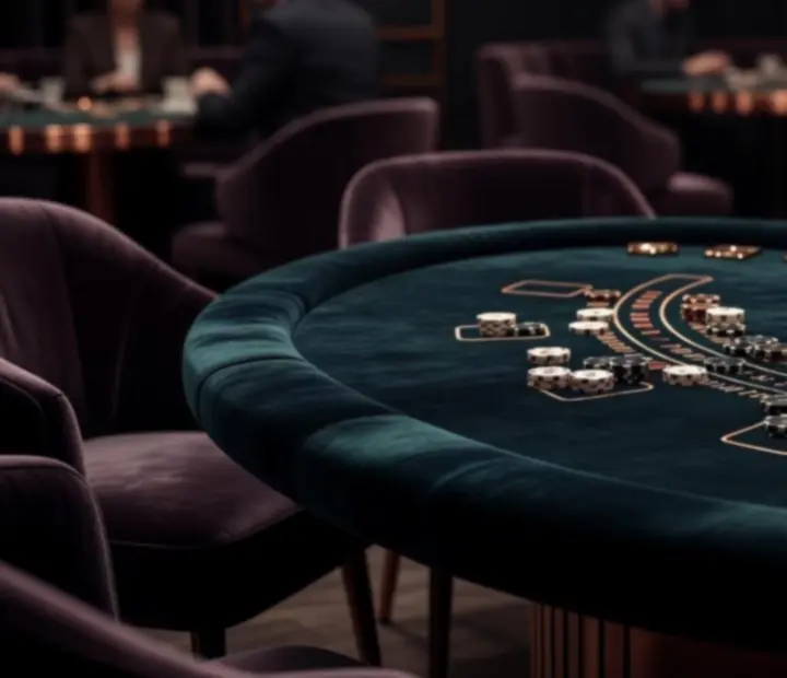 Cinematic blackjack table with decorative chips in a dark restaurant setting