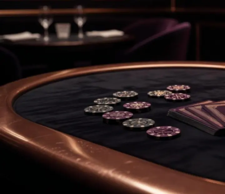Premium blackjack table with decorative chips and rich petrol blue felt