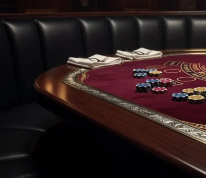 Decorative casino-style tables with chips and cards in a dark cinematic restaurant