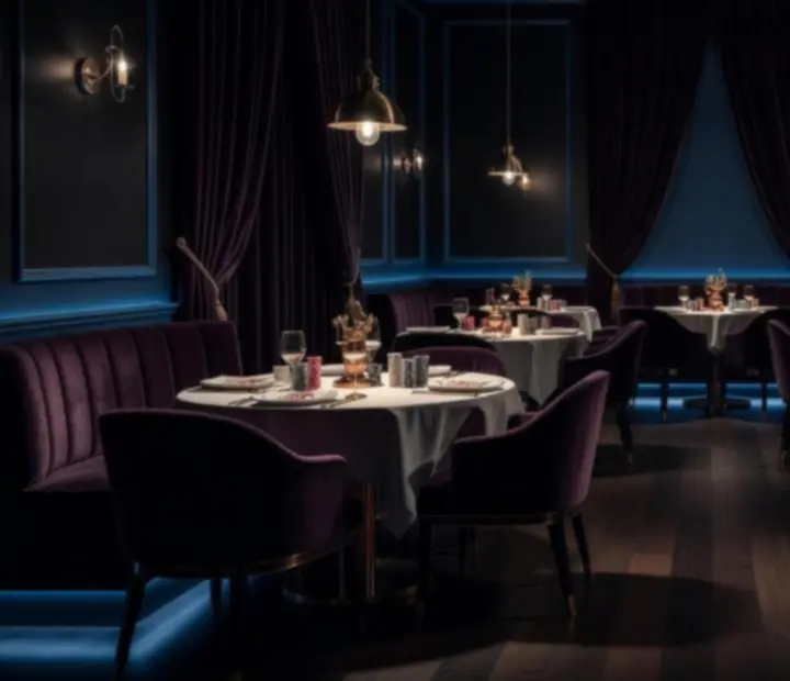Dark cinematic restaurant interior with casino-style tables and warm lighting