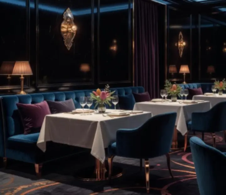 Dark cinematic restaurant dining room with casino-inspired ambience at Wonderstar s. r. o..