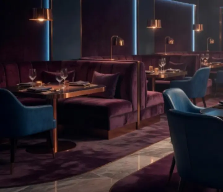 Dark cinematic restaurant interior with plum and petrol tones and copper accents