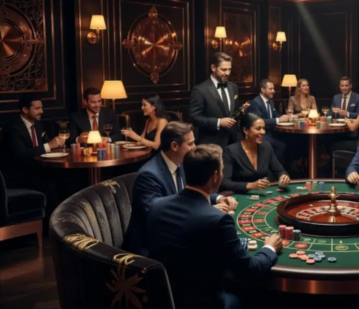 Corporate group enjoying a casino-themed event in a premium restaurant venue