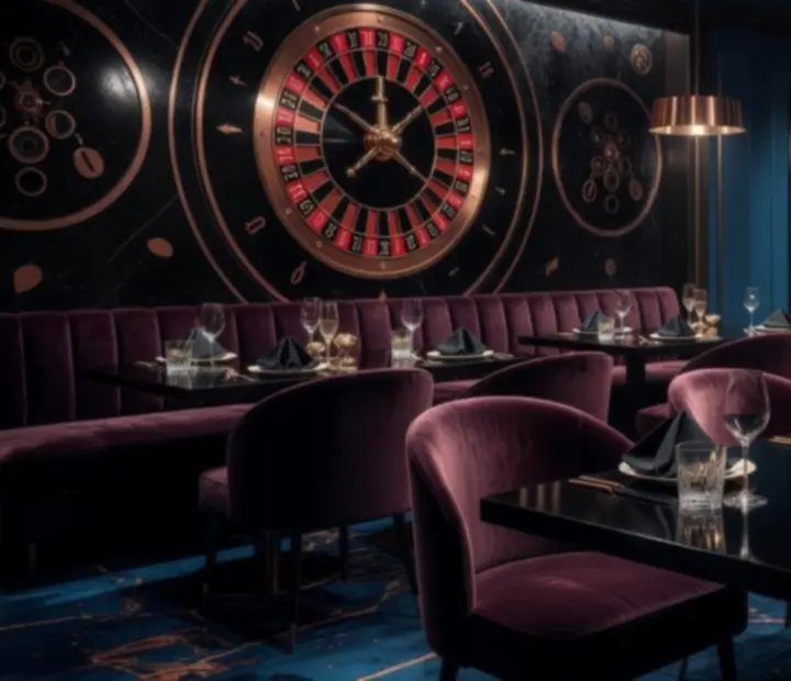 Dimly lit restaurant interior with cinematic lighting and elegant table settings