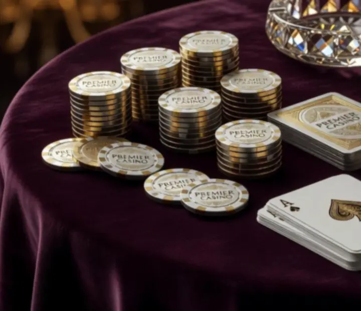 Decorative casino-style poker chips, personalised cards, and accessories on a dark table.