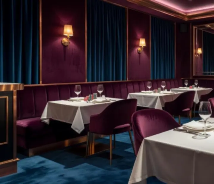 Elegant dark restaurant interior with petrol blue tones and copper highlights