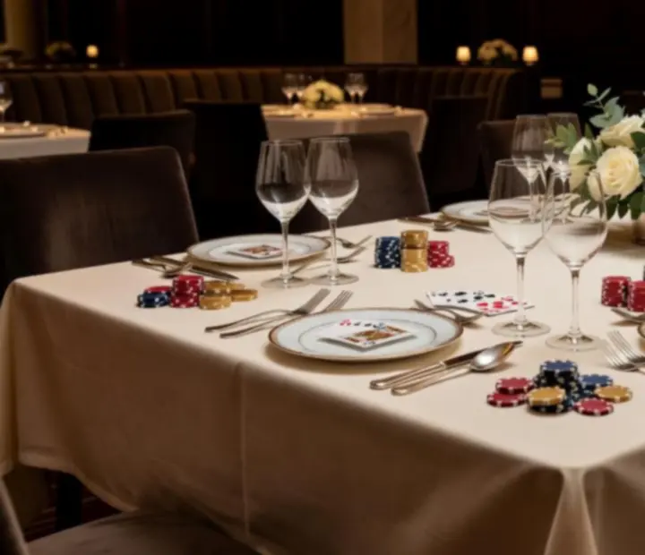 Private dining table with casino-style chips and cards in a dark Australian restaurant