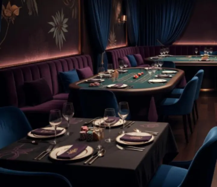 Cinematic Australian restaurant interior with casino-style tables prepared for an evening