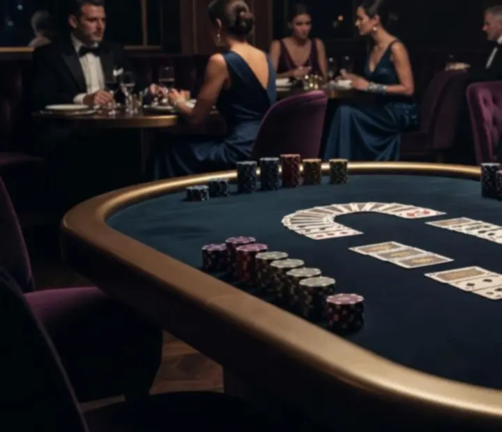 Elegant poker table set within a cinematic restaurant interior prepared for a hosted poker evening.