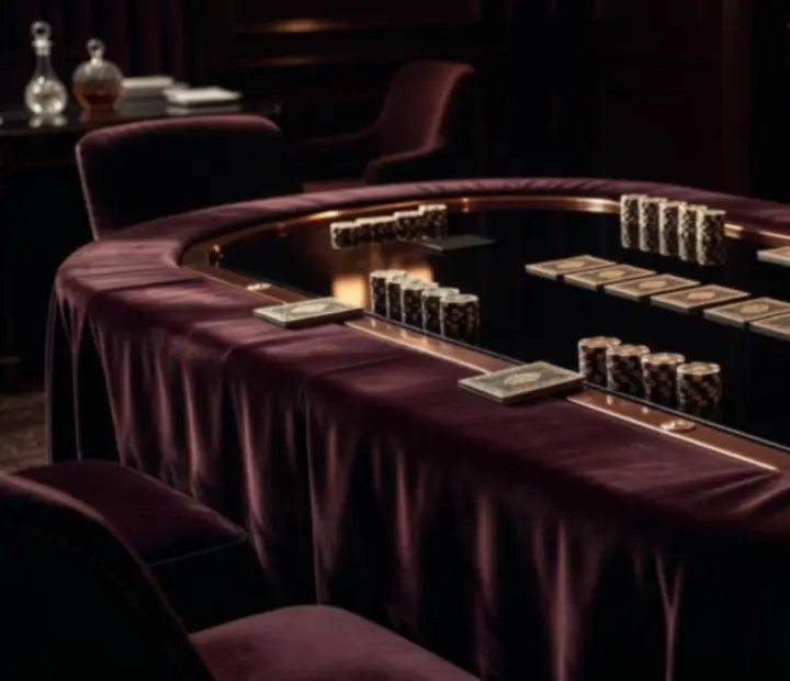 Cinematic poker-inspired table with decorative chips in a dark restaurant setting
