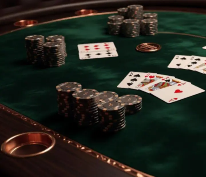 Close-up of a casino-inspired poker table with decorative chips and metallic details in a dark restaurant.