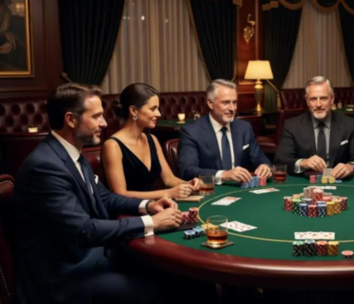 Private group enjoying a hosted poker evening in a cinematic restaurant setting.