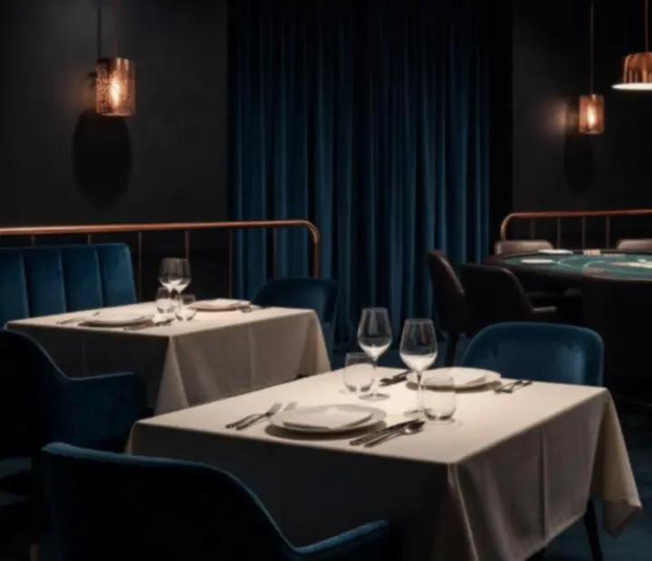Dark, cinematic Australian restaurant interior with poker-ready tables and copper-accented décor.