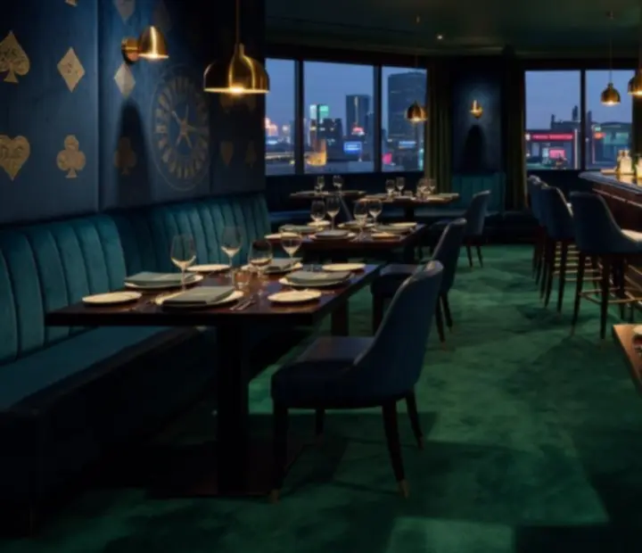 Dark and elegant restaurant interior with cinematic lighting and premium table settings