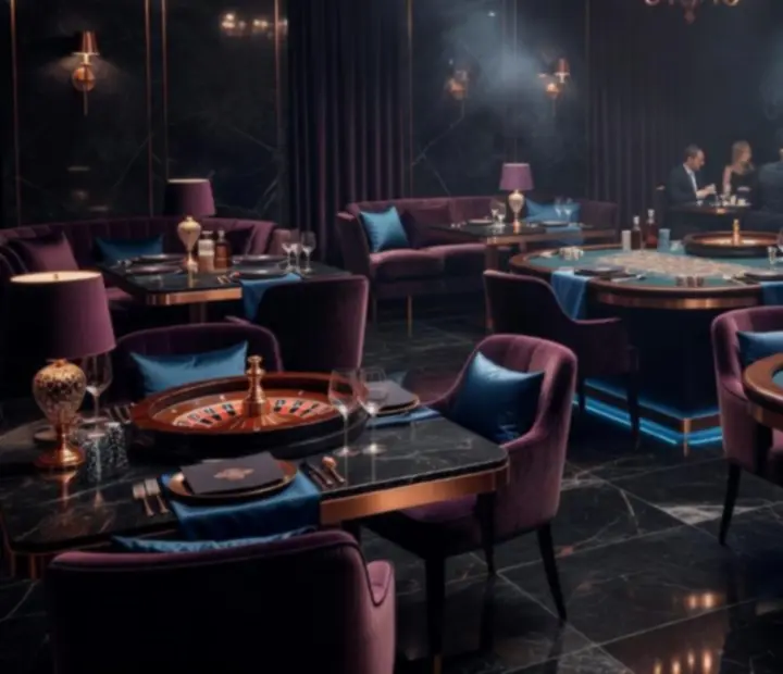 Dimly lit Australian restaurant prepared for a roulette-themed private evening with elegant table settings.