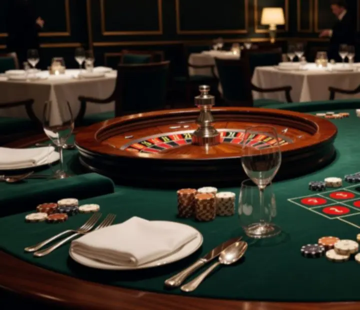 Roulette table with wheel, layout, and decorative chips arranged for a hosted evening.