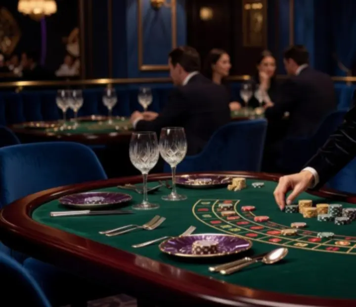 Roulette and blackjack-inspired tables styled for an evening at an Australian restaurant