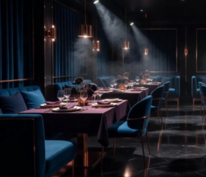 Cinematic restaurant interior with moody lighting and metallic accents for a roulette-themed event.
